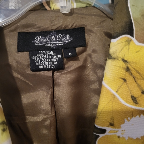 Peck & Peck Collection Womens Open Front Jacket Green Hawaiian Floral Silk - Picture 2 of 6